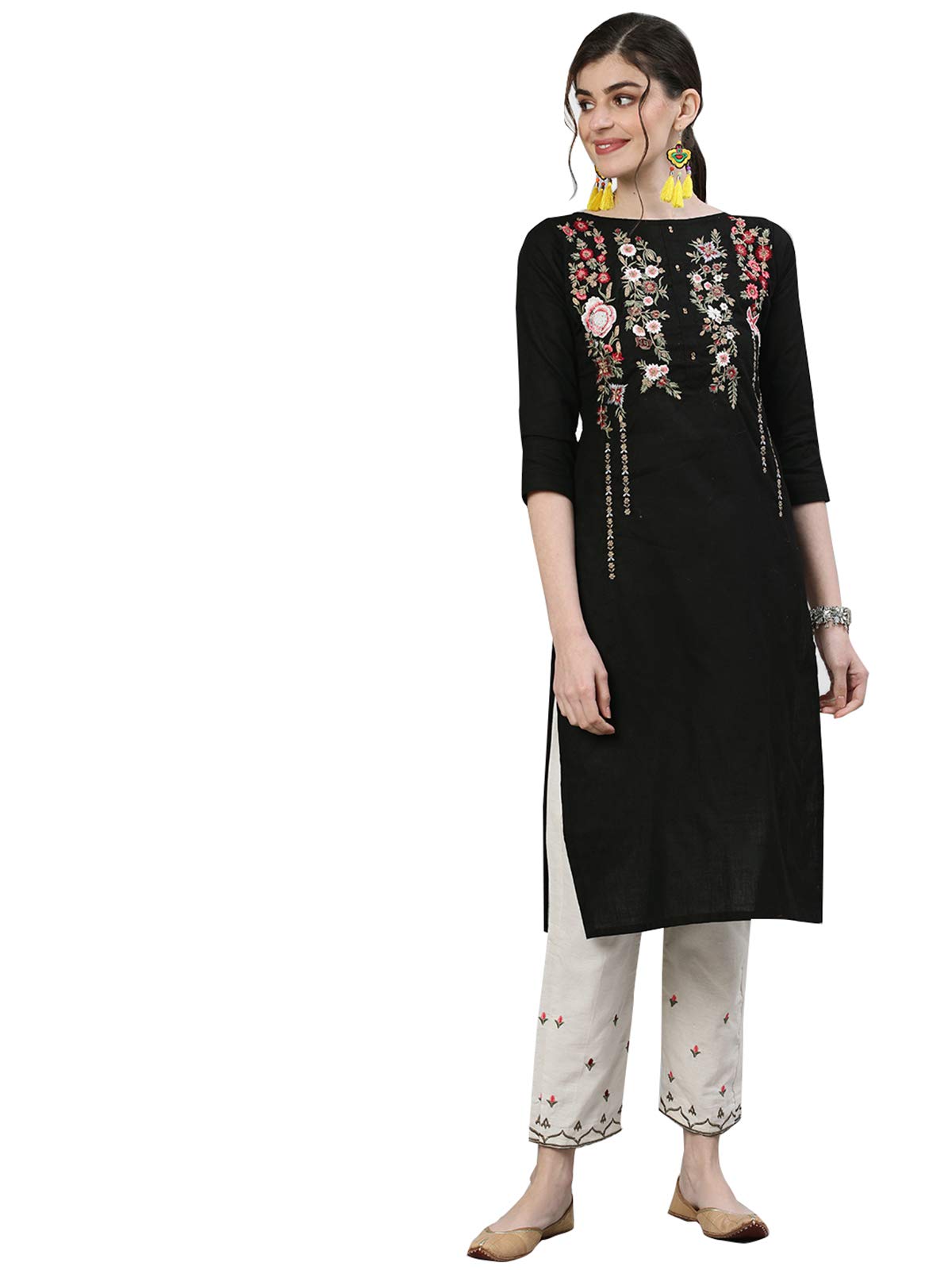 Ishin WomenS Cotton Black & Off White Embroidered Straight Kurta Trouser Set
