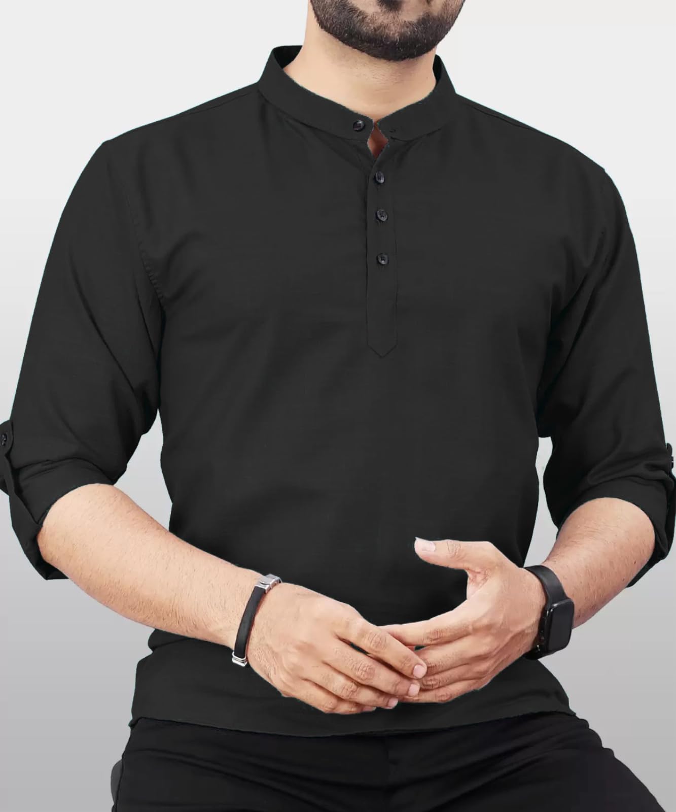 Deemoon MenS Cotton Blend Kurta With Solid Regular Fit Mandarin Collared Neck Full Sleeve And Waist Length | Kurtas For Men | B