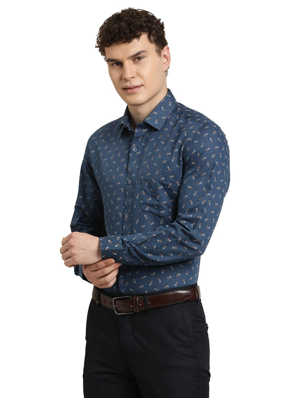 Turtle Men Regular Fit Printed Cotton Linen Blue Formal Shirt
