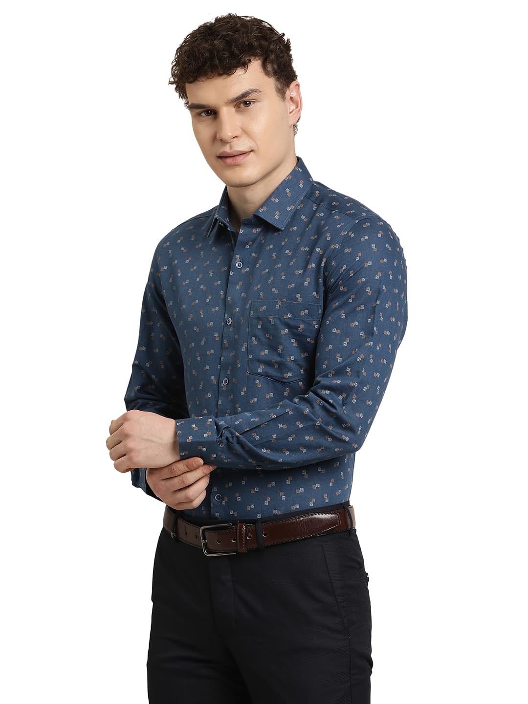 Turtle Men Regular Fit Printed Cotton Linen Blue Formal Shirt