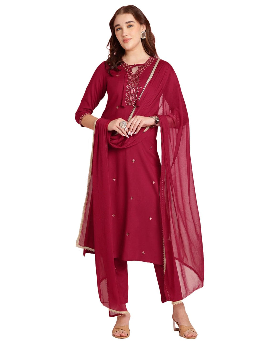 ANNI DESIGNER Womens Rayon Blend Embroidered Straight Kurta with Pant & Dupatta (RAMDHANI Maroon_L_Maroon_Large)