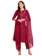 ANNI DESIGNER Womens Rayon Blend Embroidered Straight Kurta with Pant & Dupatta (RAMDHANI Maroon_S_Maroon_Small)