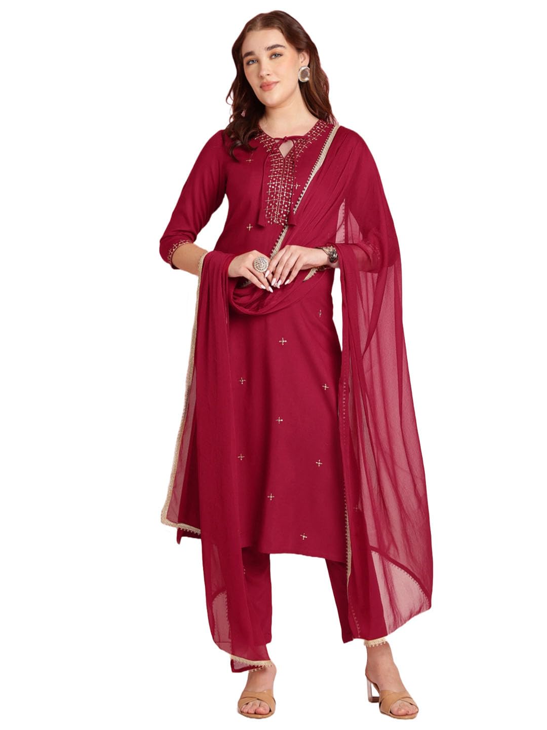 ANNI DESIGNER Womens Rayon Blend Embroidered Straight Kurta with Pant & Dupatta (RAMDHANI Maroon_M_Maroon_Medium)