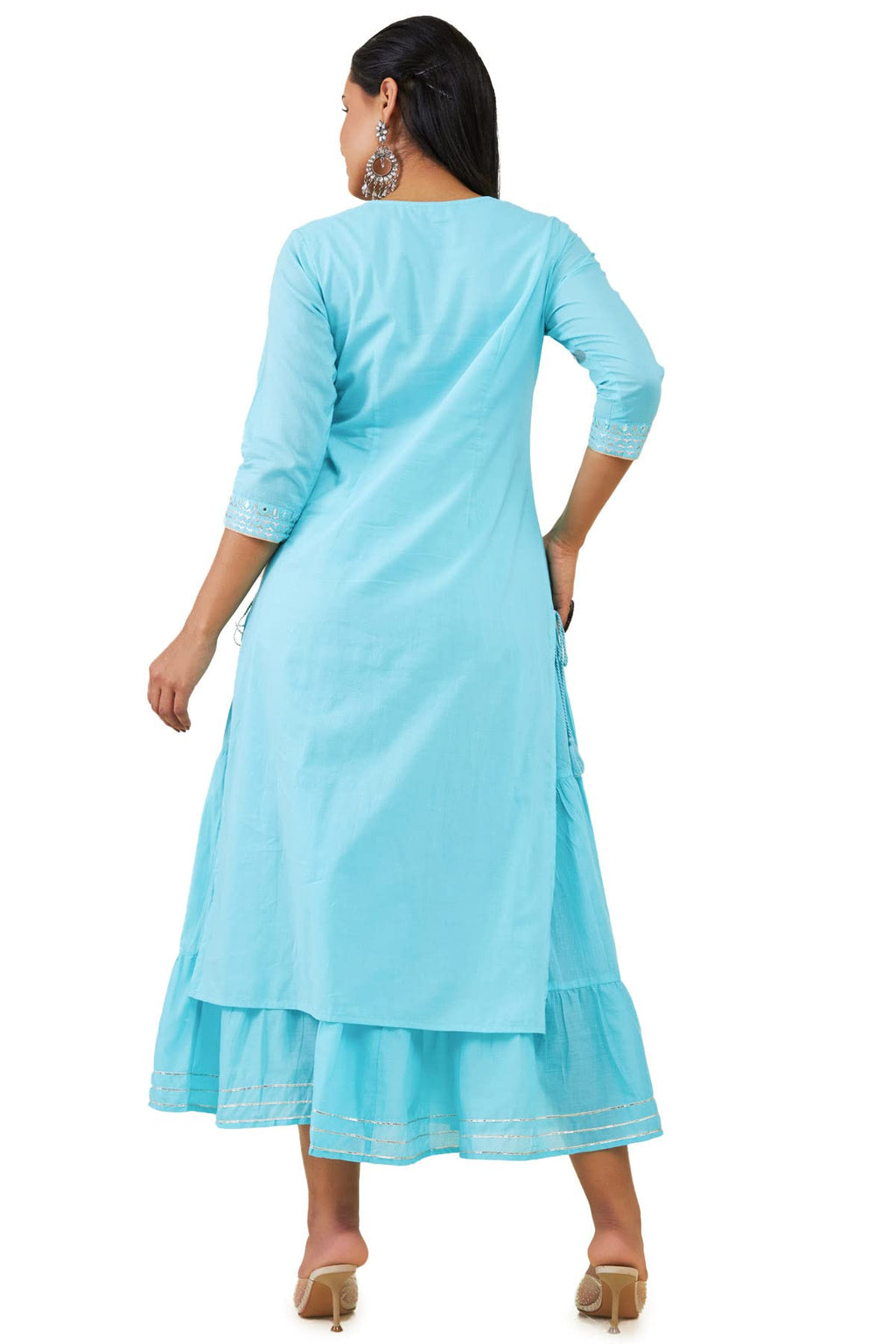 Soch Women Turquoise Cotton Embroidered Dress Kurta
