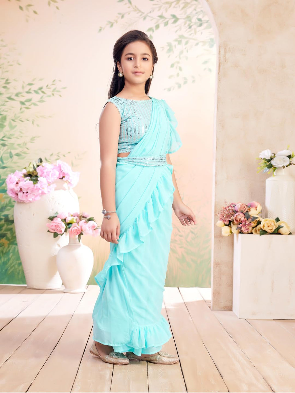 Aarika Girls Ethnic Wear Sea Green Colour Sequin Embroidery Georgette Lehenga Saree With Attachable Dupatta-(3-13 Years)-(SR-260