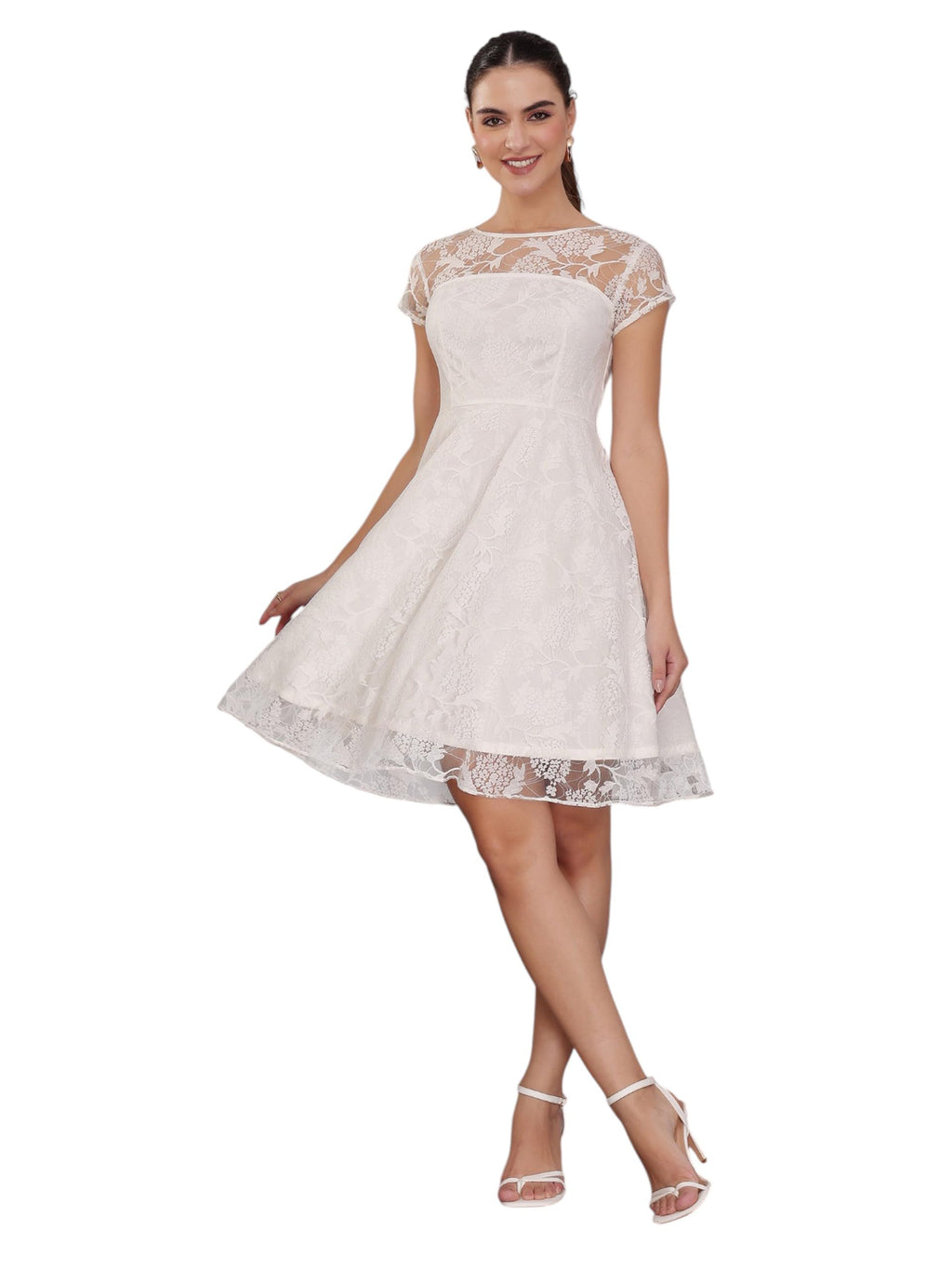 Miss Chase Womens Round Neck Self Designed Mini Dress (Mcaw15D05-43-114-06, Off White, Xl)