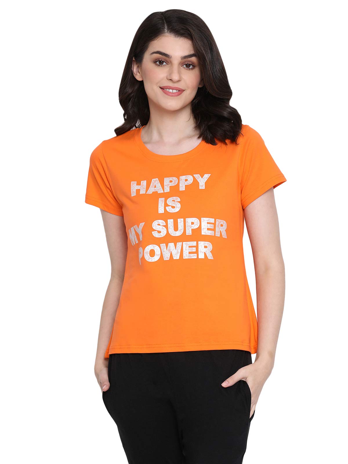 Clovia Womens Cotton Happy is My Superpower T-Shirt (LT0124D16_Orange_L)