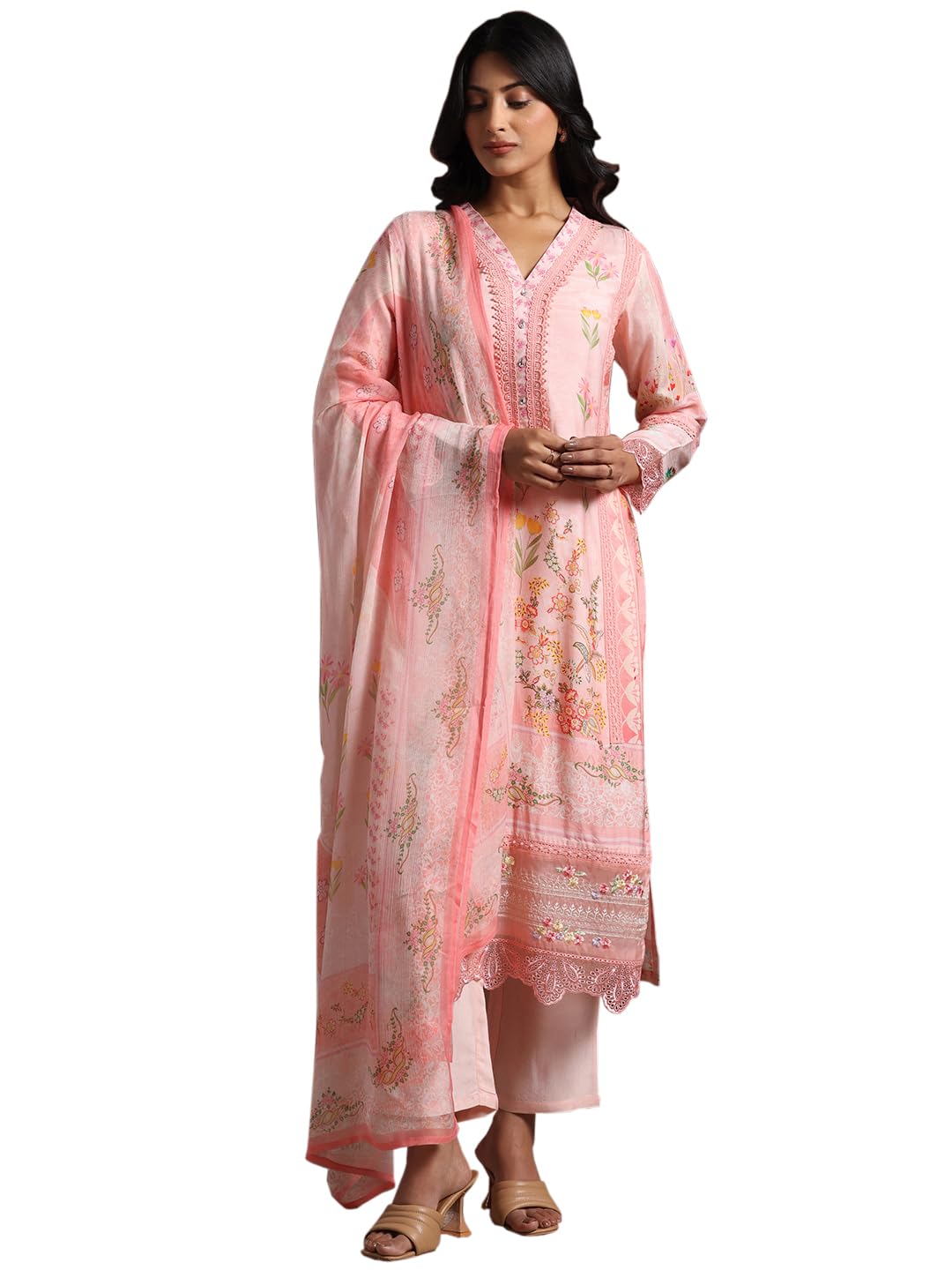 Libas Women pink floral printed muslin kurta with lining and solid trousers with floral printed dupatta