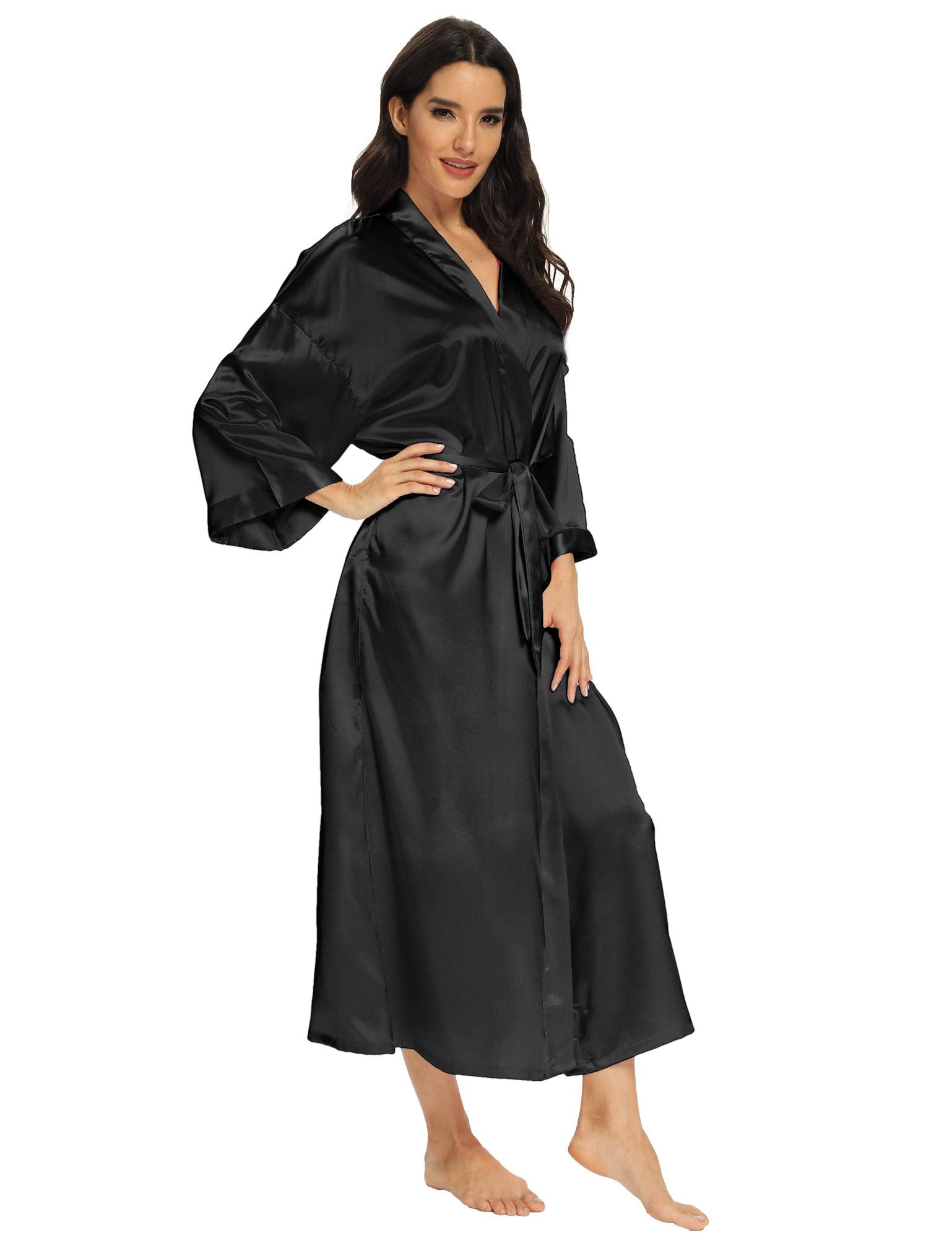 MizzGenio Women's Plus Size Long Satin Robes Plus Size Lightweight Long Silk Robes Full Lenth Sleepwear, Black, 4X/5X