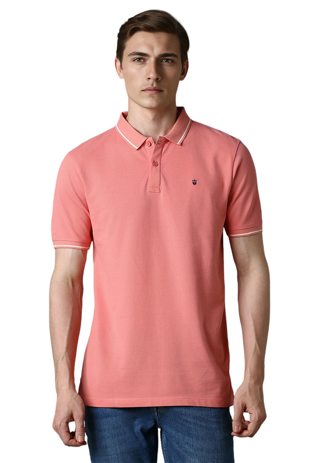 Louis Philippe Men Peach Solid Polo Neck T-Shirt