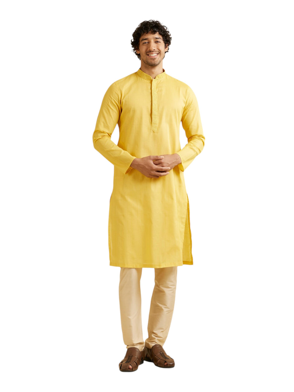 Manyavar Mens Cotton Self-Textured Kurta Set (Mustard,XXXL)