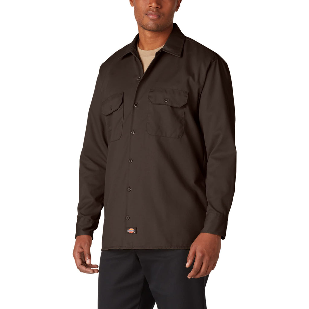 Dickies Mens Long Sleeve Work Shirt, Dark Brown, X-Large