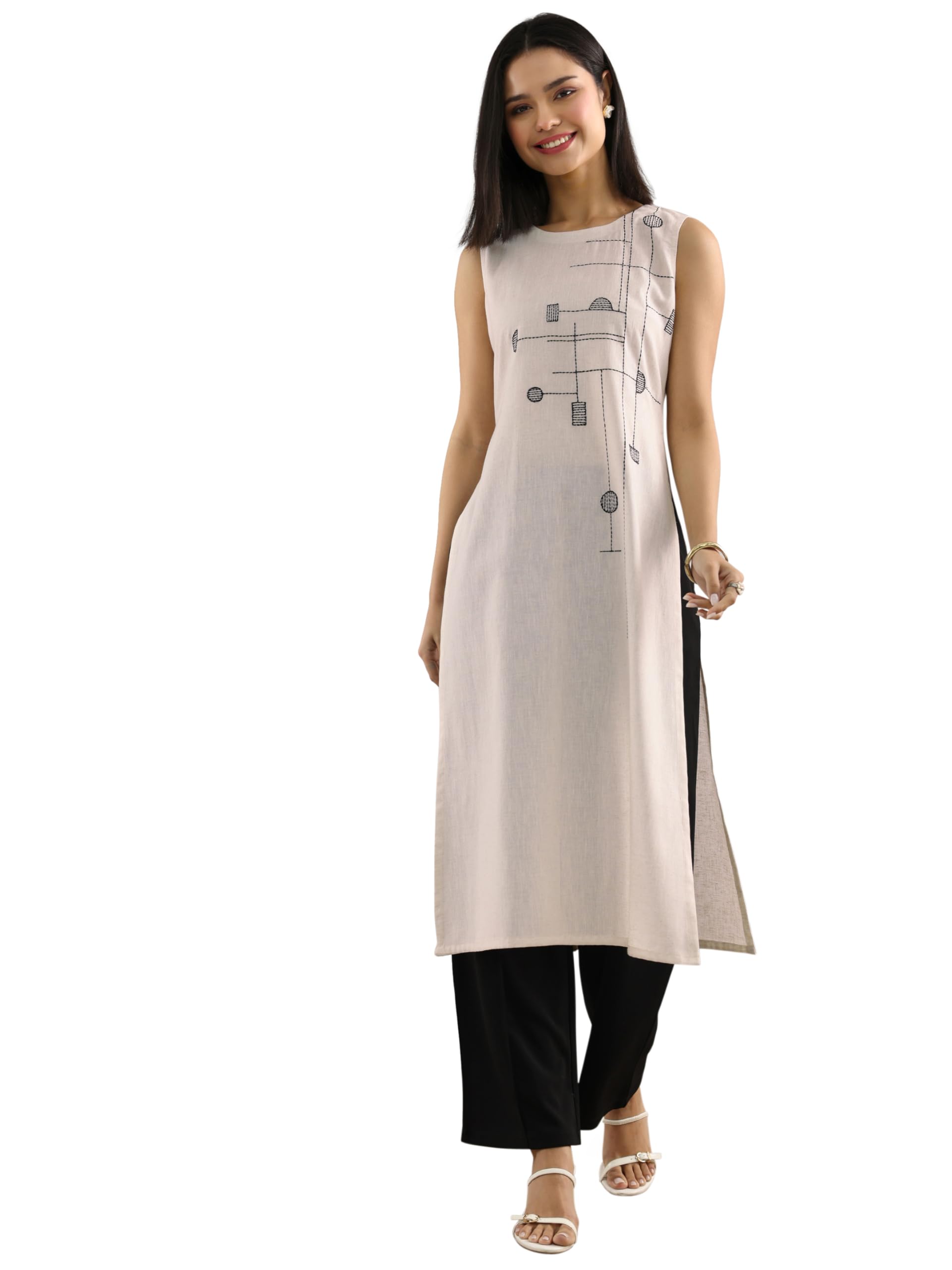 Gerua by Libas Embroidered Cotton Straight Kurta Off White
