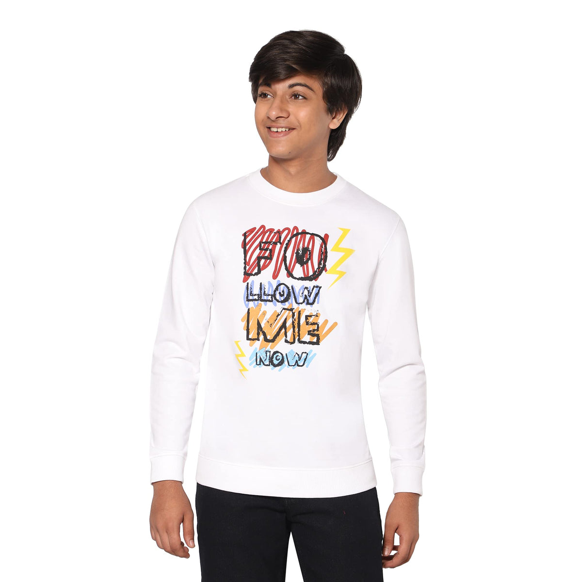 TeenTrums Boys 100% Cotton Graphic Print White Sweatshirt, Round Neck Full Sleeves & Boxy Fit Top, Regular Fit, Trendy & Comfort 17-18