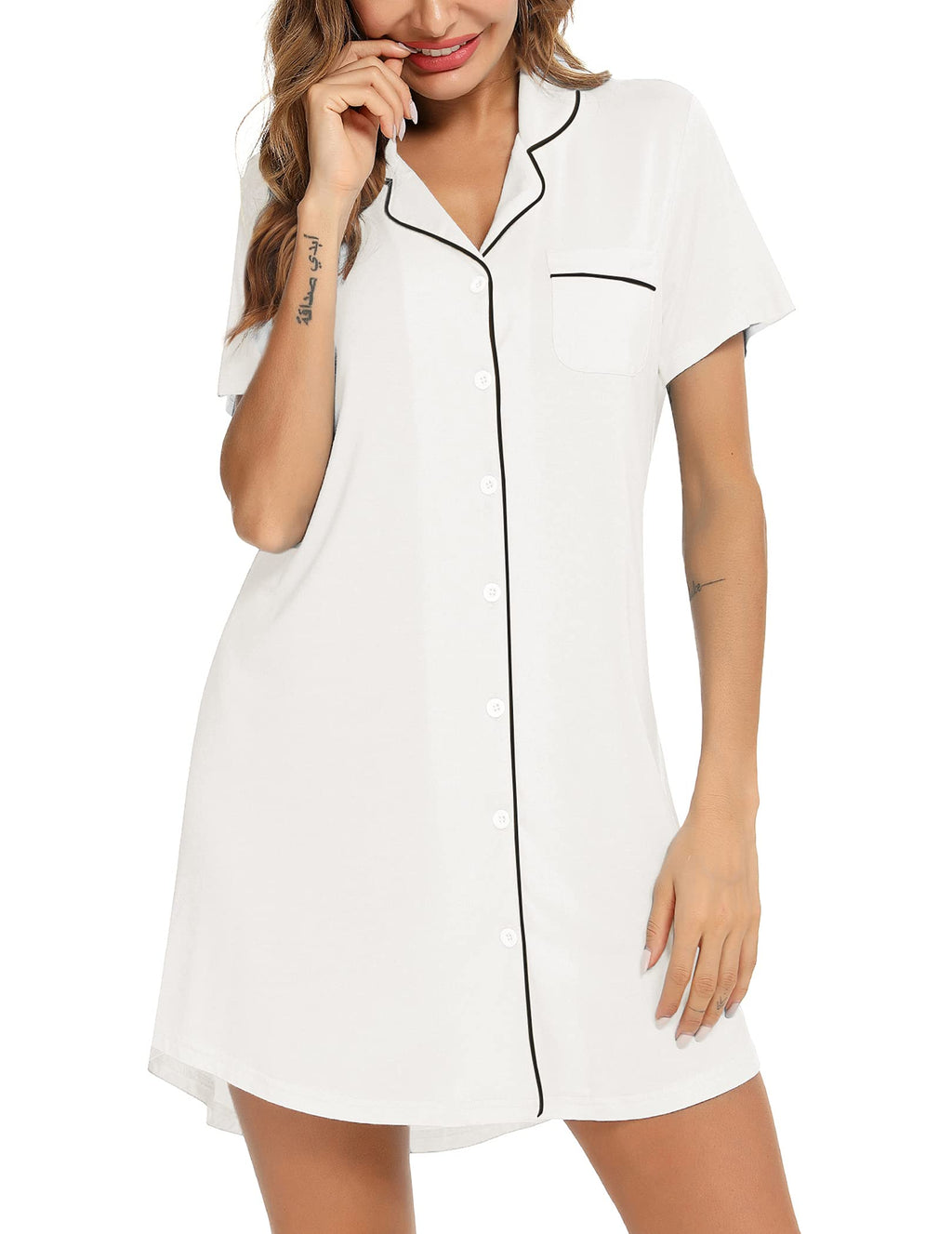Senert Nightgowns & Nightshirts for Women Short Sleeve Nightshirt V-Neck Sleepwear Boyfriend Sleepshirt Pajama Dress White,Mediu