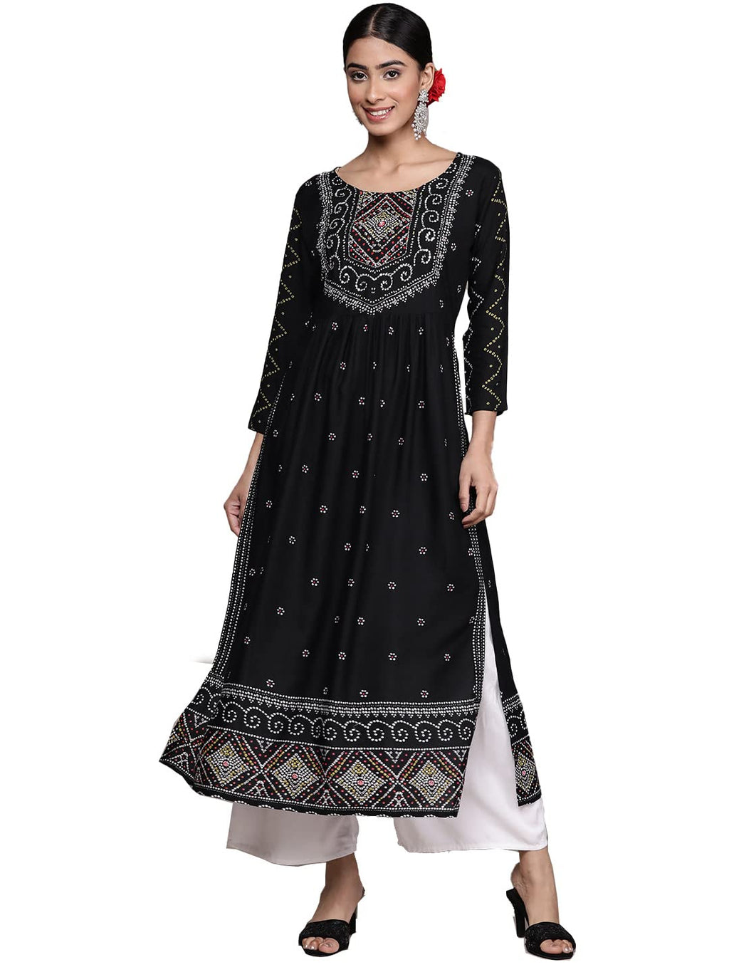 Ishin Women'S Viscose Rayon Ethnic Motifs Black Beads And Stones A-Line Kurta