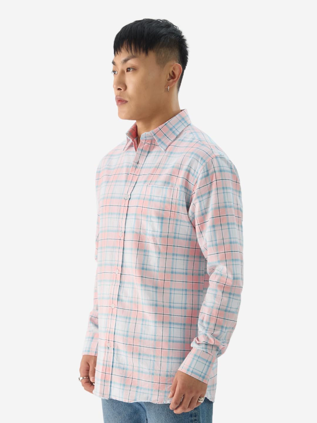 The Souled Store Plaid: Single Patch Men and Boys Long Sleeve Collared Neck Button Front Pink and Blue Cotton Relaxed Fit Shirts