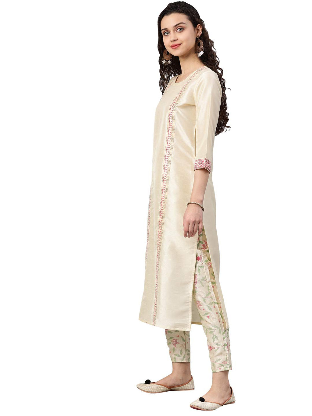 Ziyaa Women'S Off-White Poly Silk Straight Printed Kurta And Pant Set (Zikups2887Andpa-S_Off-White_S)