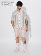 The Souled Store Stripes: Green, White Men and Boys Short Sleeves Collared Neck Button Front Regular Fit Rayon Textured Shirts