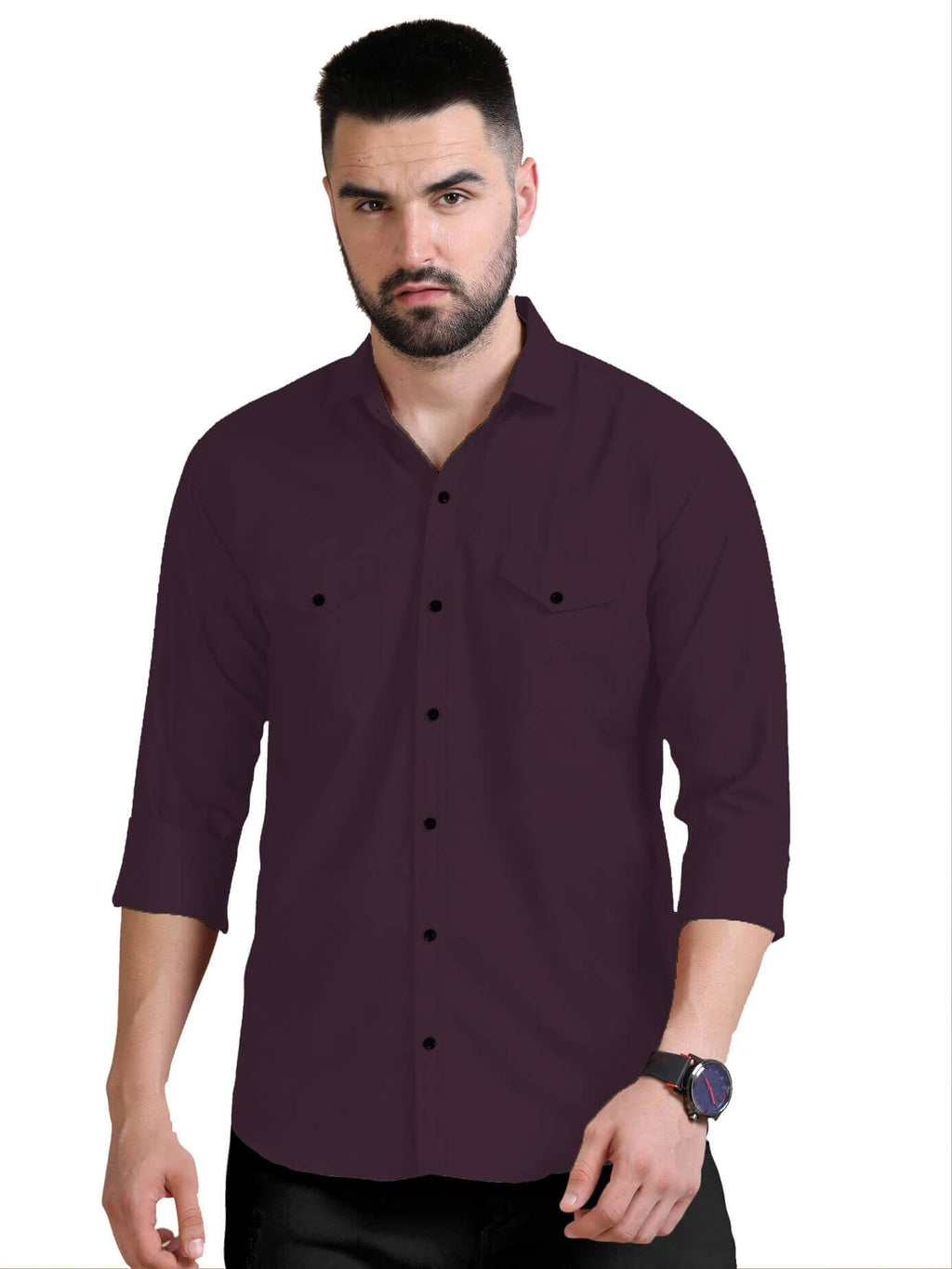 Rebelify MenS Double Pocket Shirt  Classic Casual Cotton Blend With Adjustable Cuffs Purple
