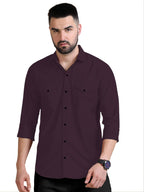 Rebelify MenS Double Pocket Shirt  Classic Casual Cotton Blend With Adjustable Cuffs Purple