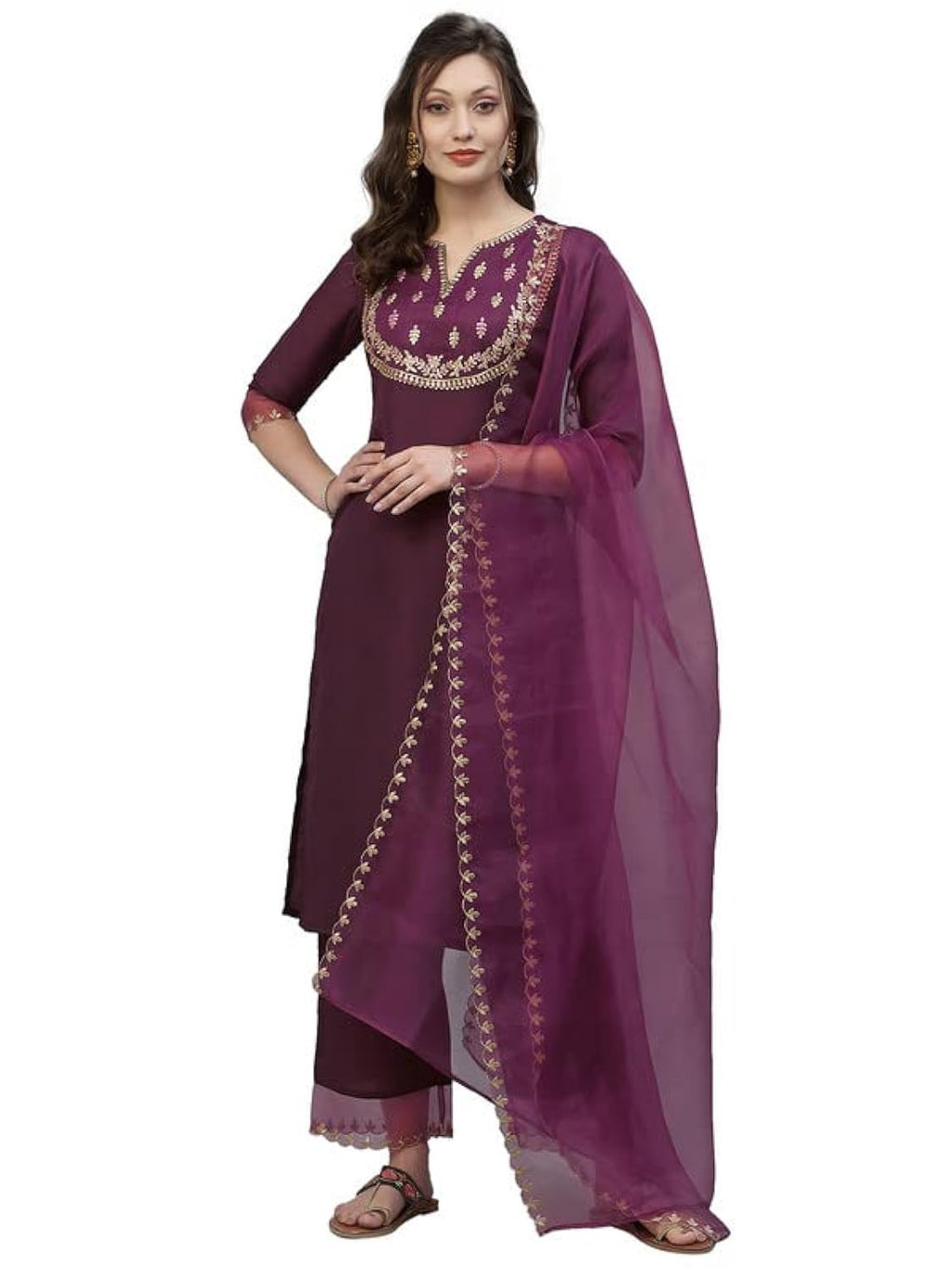 Sanisa Women'S Embroidery Chinnon Straight Kurta Set With Dupatta (17Kbd264N-Xl_Wine)