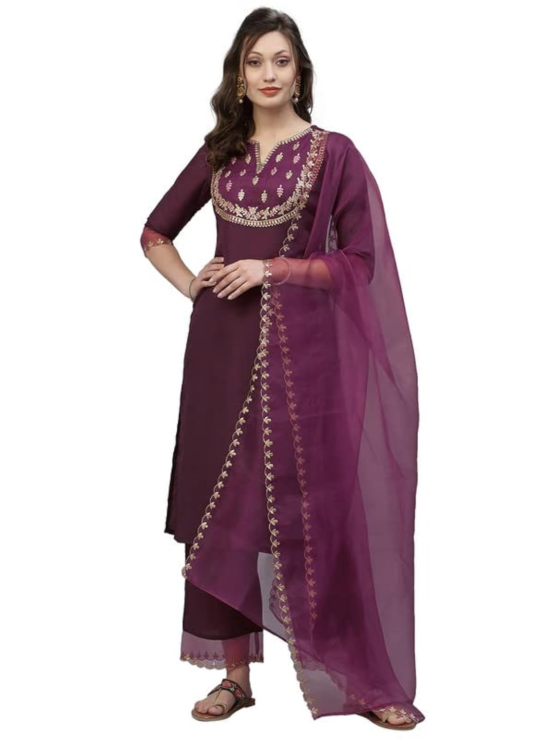 Sanisa Women'S Embroidery Chinnon Straight Kurta Set With Dupatta (17Kbd264N-Xl_Wine)