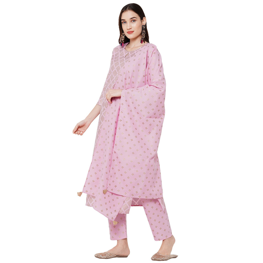 Anni Designer Women'S Cotton Foil Printed Kurta With Palazzo And Dupatta (Raju Pink Styl_Pink_)