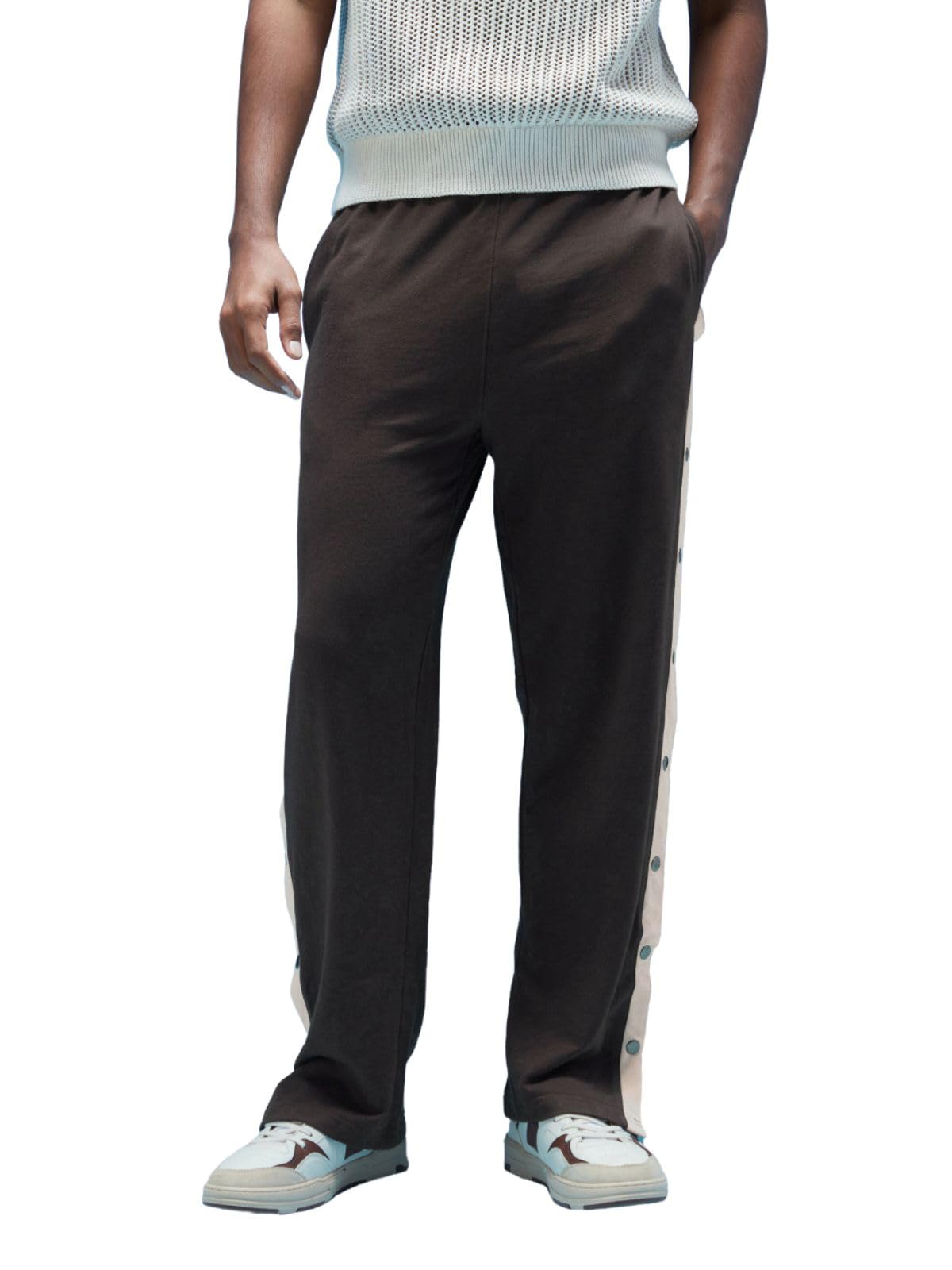 Veirdo Men's Cotton Twill Relaxed Baggy Fit Solid Drawstring with Side Snap Buttons Knitted Cargo Pants Brow
