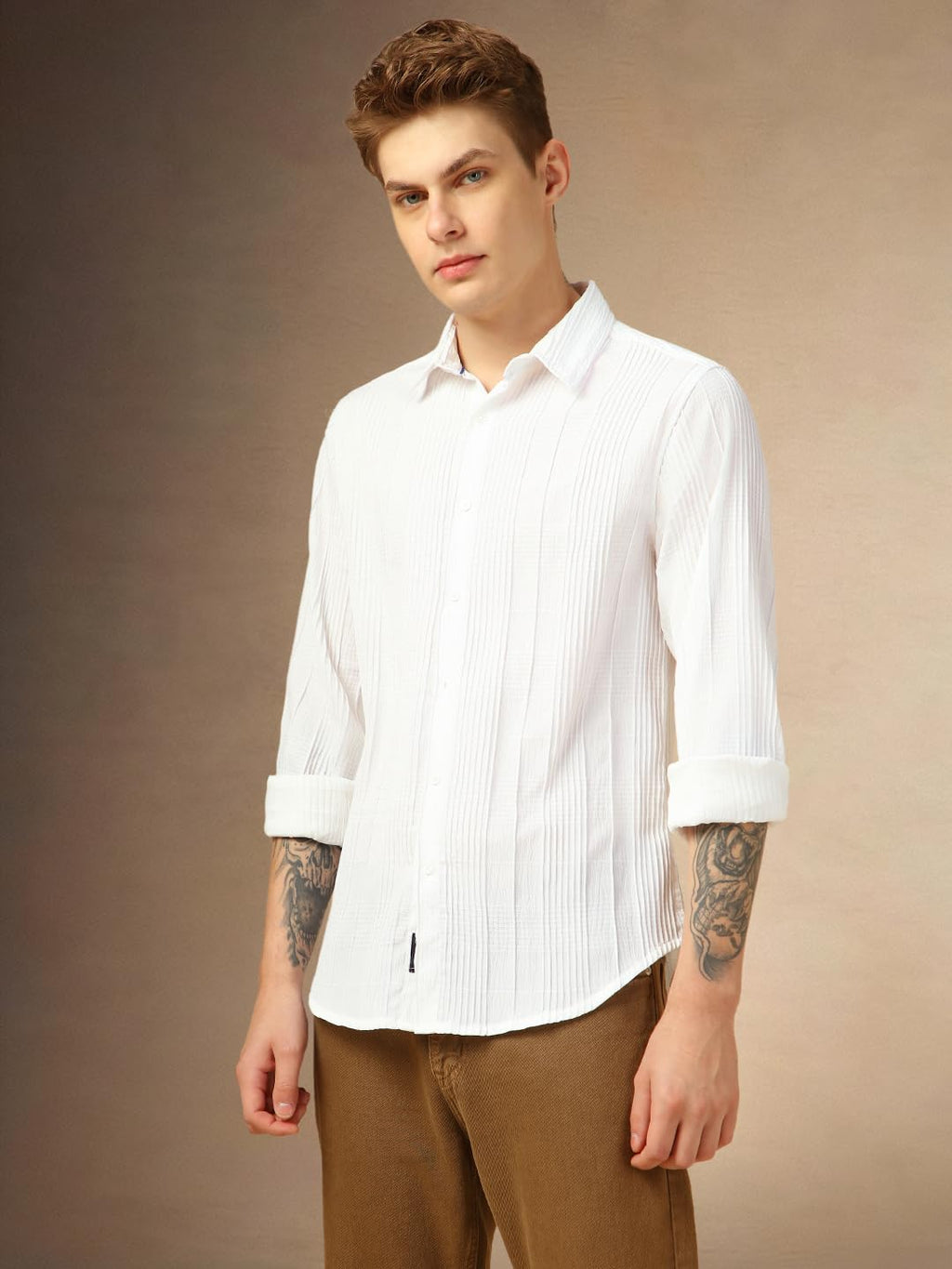 Dennis Lingo Men Relaxed Fit Polyester Full Sleeves Solid Textured Casual Shirts White