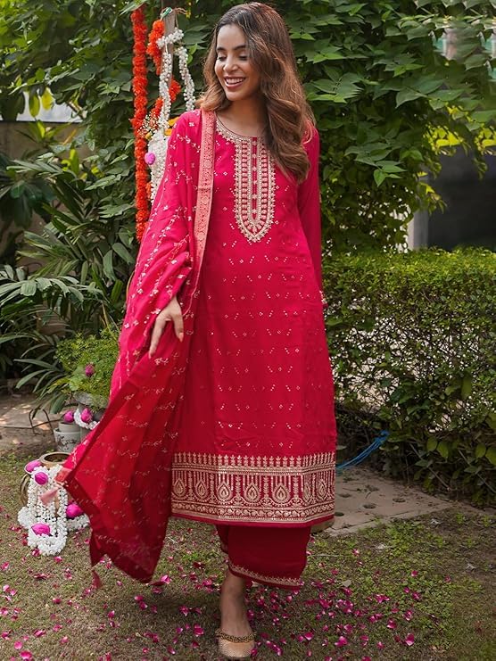 Libas Womens Embroidered Silk Blend Straight Kurta With Palazzos And Dupatta