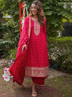 Libas Womens Embroidered Silk Blend Straight Kurta With Palazzos And Dupatta