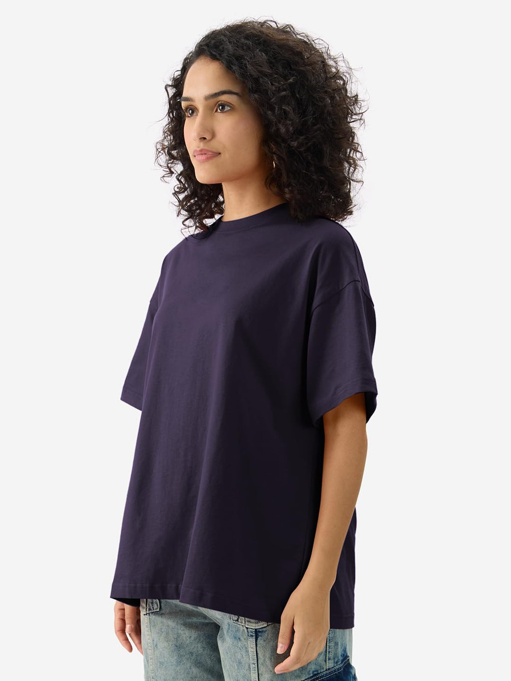 The Souled Store Solids: Berry Purple Women and Girls Short Sleeves Round Neck Cotton Oversized T-Shirts