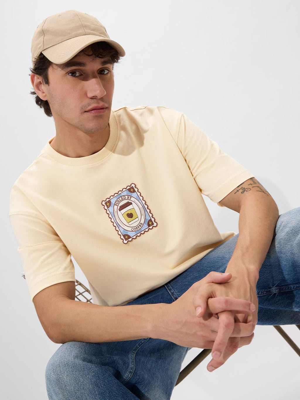 The Souled Store Coffee Stamp Men and Boys Short Sleeves Round Neck Off White Graphic Printed Cotton Oversized T-Shirts