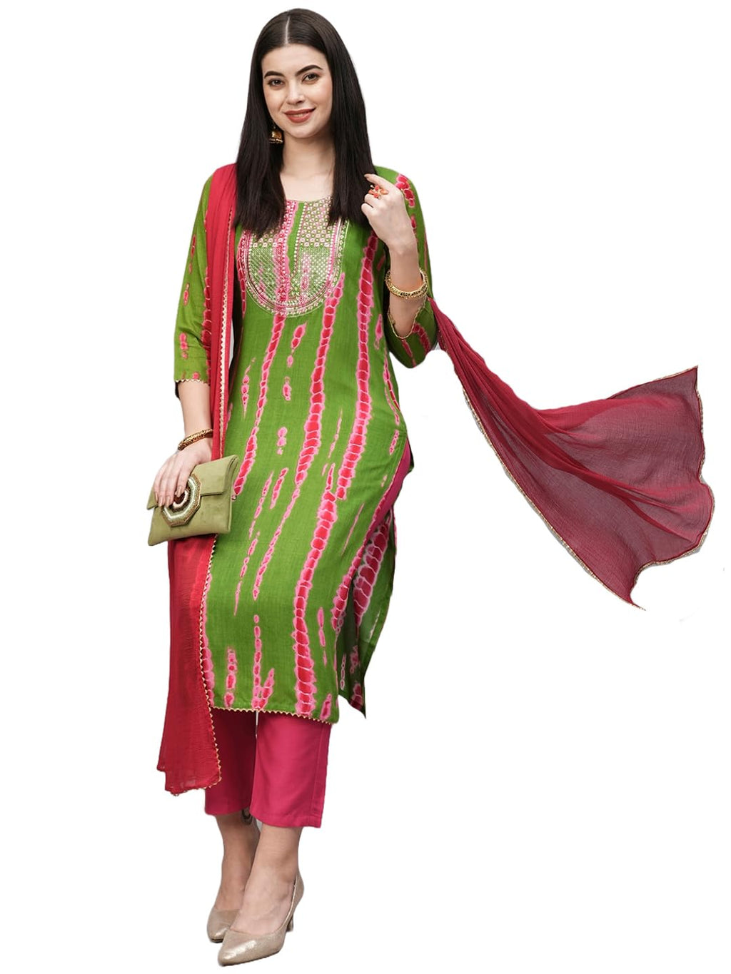 ANNI DESIGNER Womens Rayon Blend Straight Printed Kurta with Pant & Dupatta (Dollop Methi_XL_Green_X-Large)
