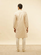 Manyavar Mens Beige Art Silk JACQUARD Kurta Pyjama Set