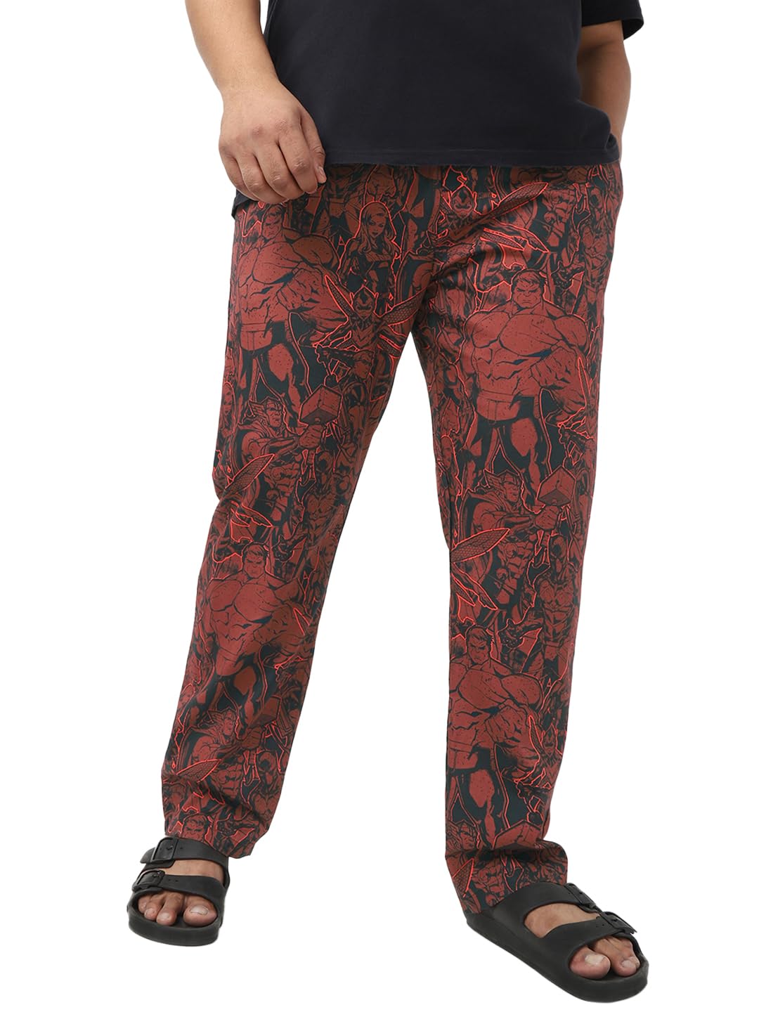 Bewakoof Plus Official Marvel Merchandise Mens All over printed Regular Fit Poplin Plus Size Pyjama_642212_Red_6XL