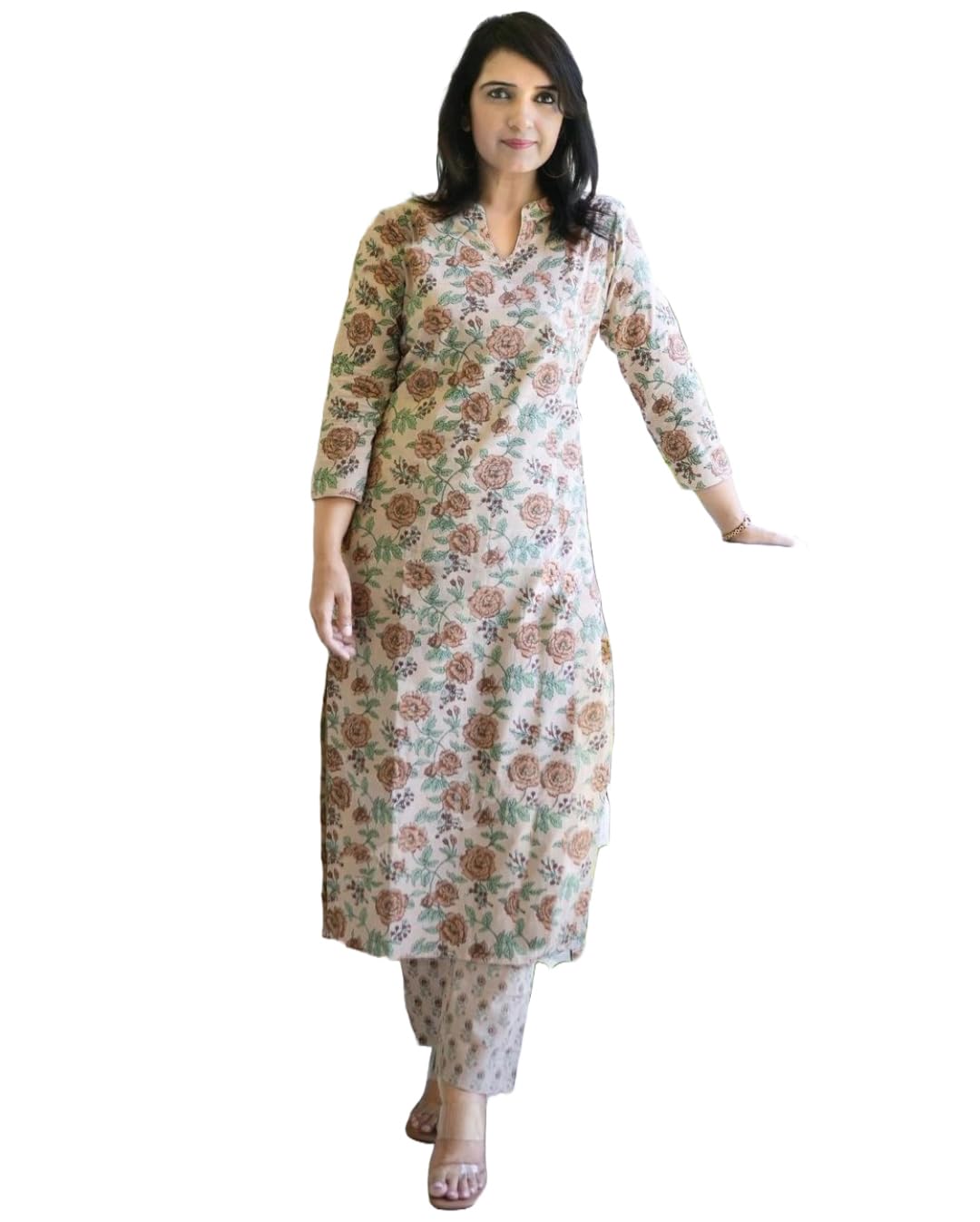 ANNI DESIGNER Womens Cotton Blend Straight Fit Printed Kurta with Pant (Wide Cream_XXL_Cream_XX-Large)