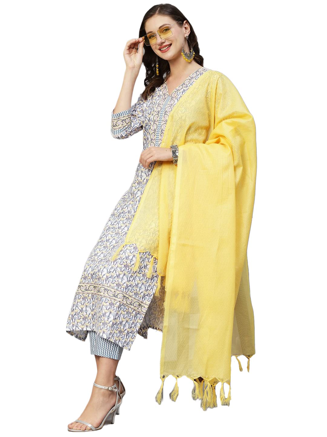 Gosriki Women'S Cotton Blend Straight Kurta With Pant & Dupatta (Murhar-Yellow-Cmd-Gs_Xxl_Yellow_Xx-Large)