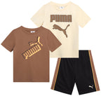 PUMA Boys' Short Set - 3 Piece Short Sleeve Graphic T-Shirts and Active Shorts Outfit Set for Boys (Sizes: 2T-7), Size 2T, Brown