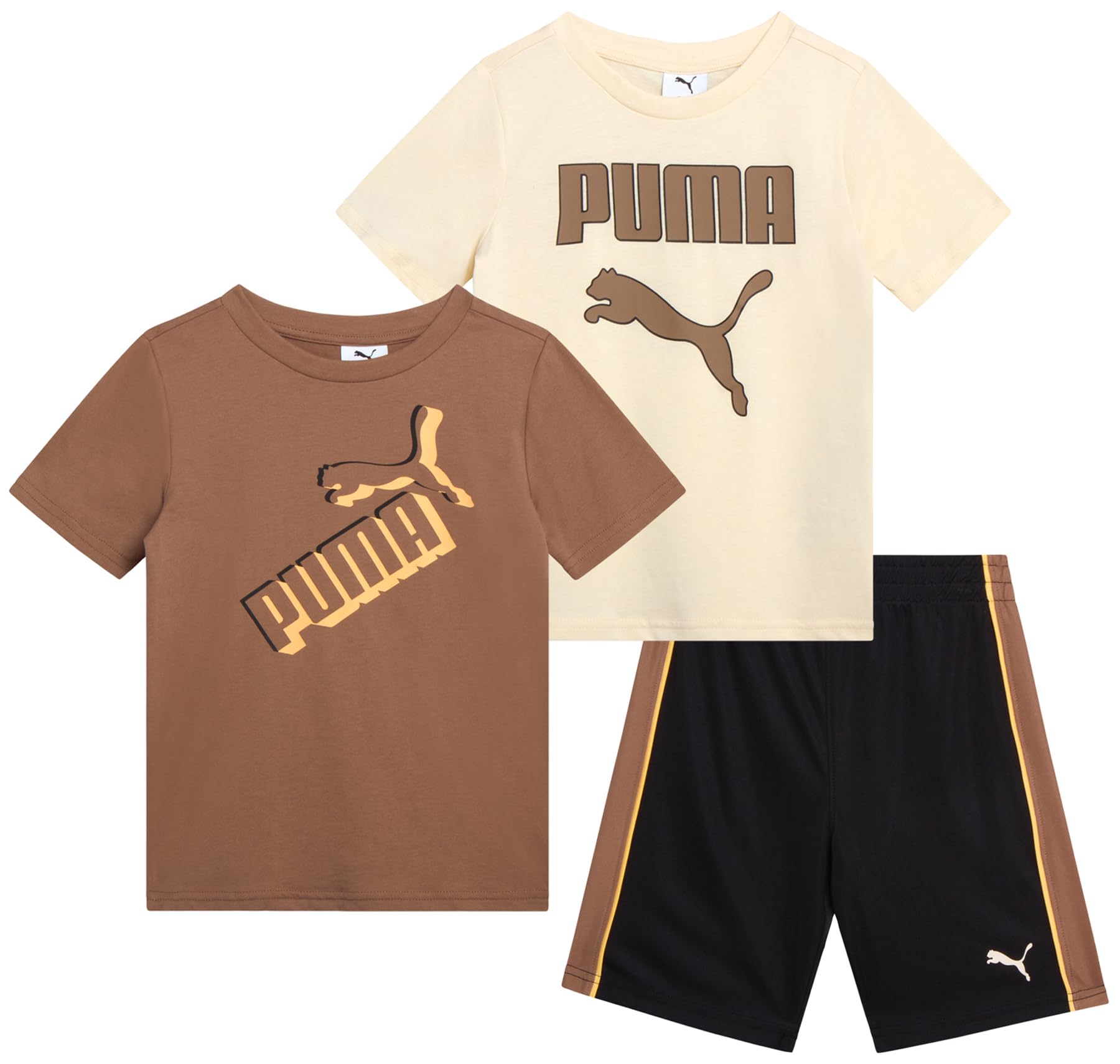PUMA Boys' Short Set - 3 Piece Short Sleeve Graphic T-Shirts and Active Shorts Outfit Set for Boys (Sizes: 2T-7), Size 2T, Brown