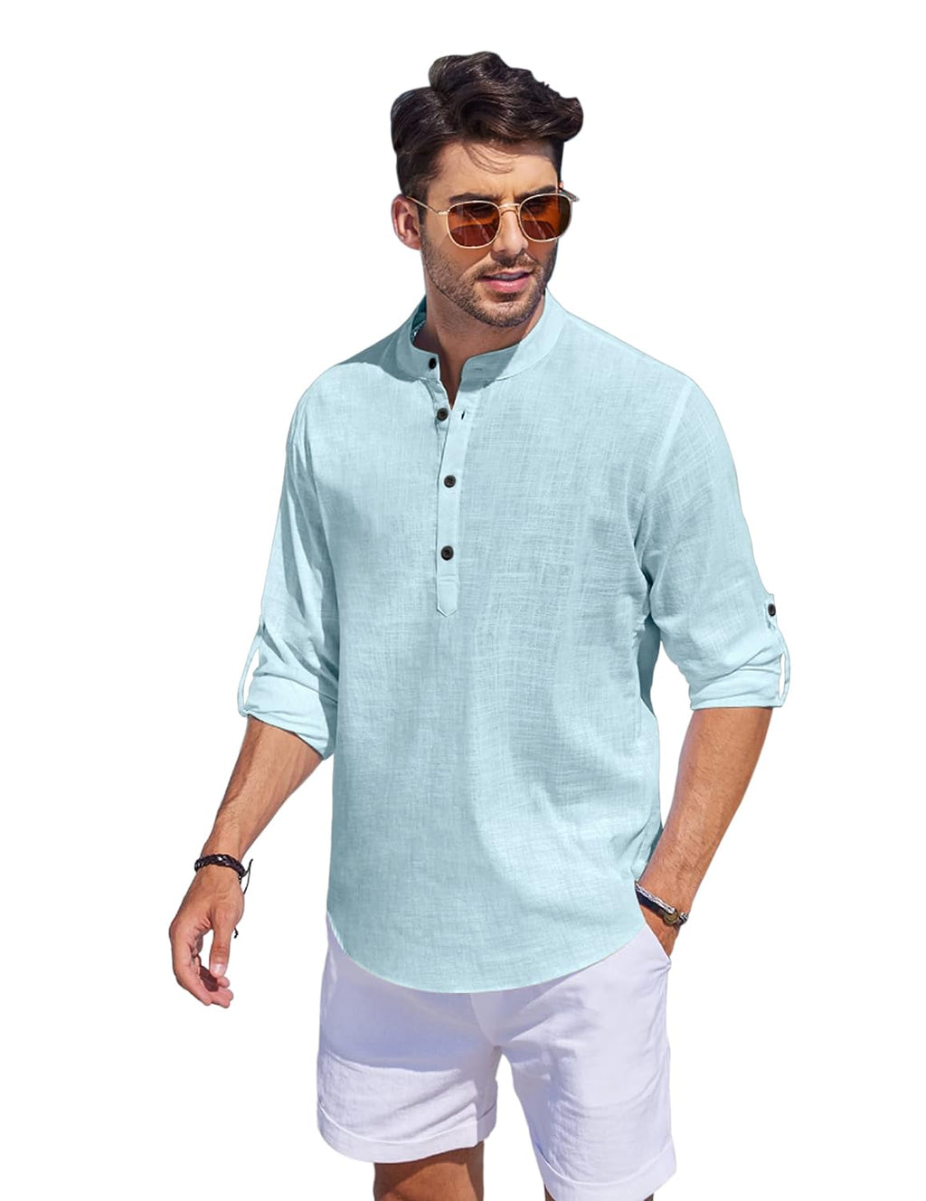 Hemrin Men Solid Cotton Blend Straight Kurta Shirt Aqua