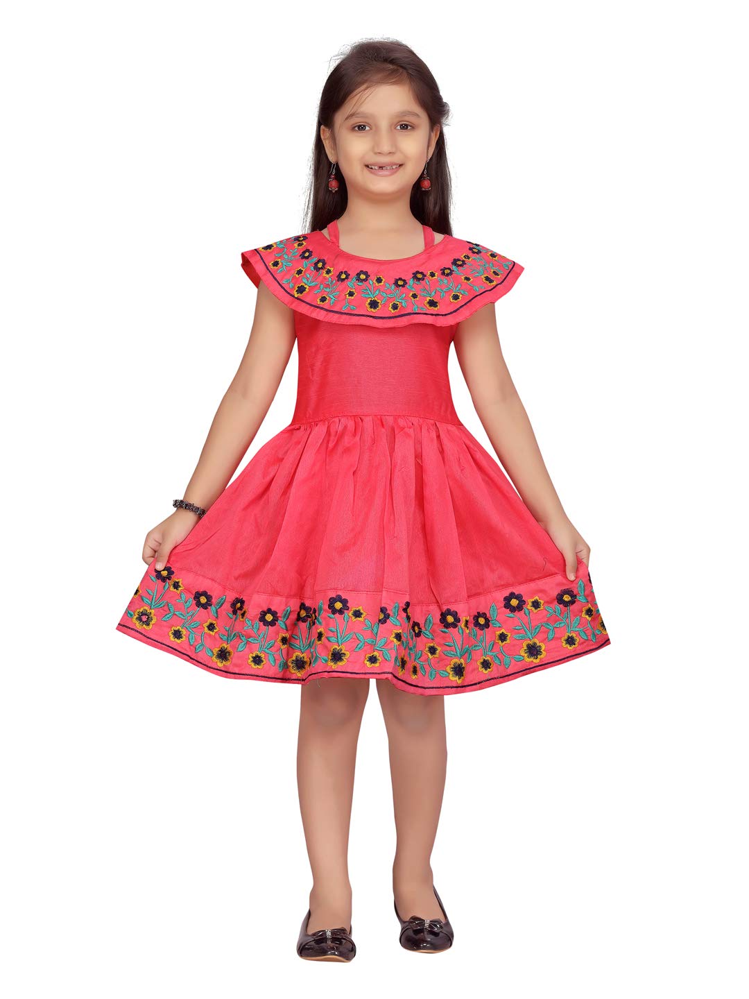 Aarika Girls Silk Skater Knee-Length Dress (DR-18281_Gajri_32)