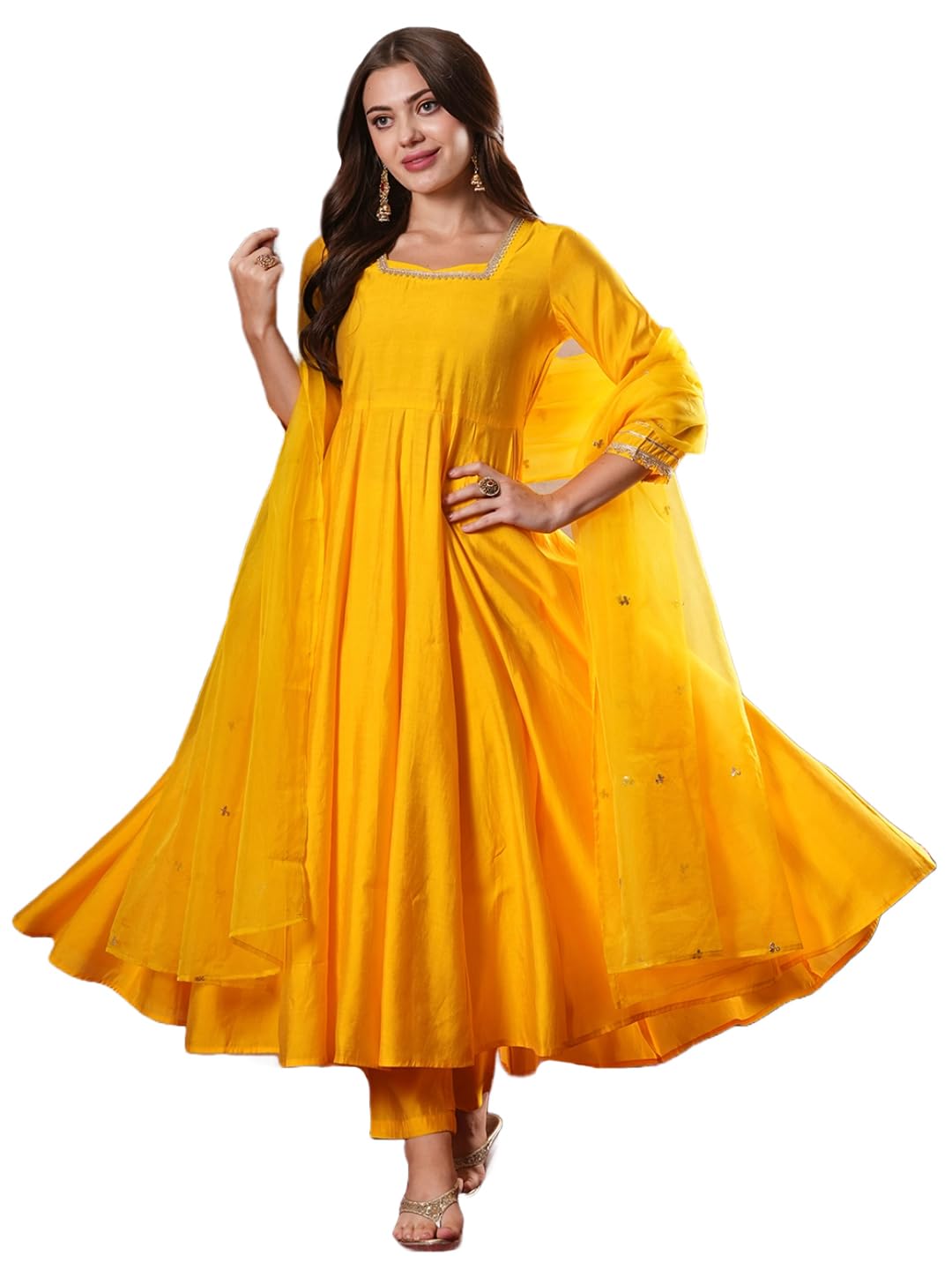 ANNI DESIGNER Women s Regular Rayon Blend Floral Kurta with Pants and Dupatta, Yellow, 40