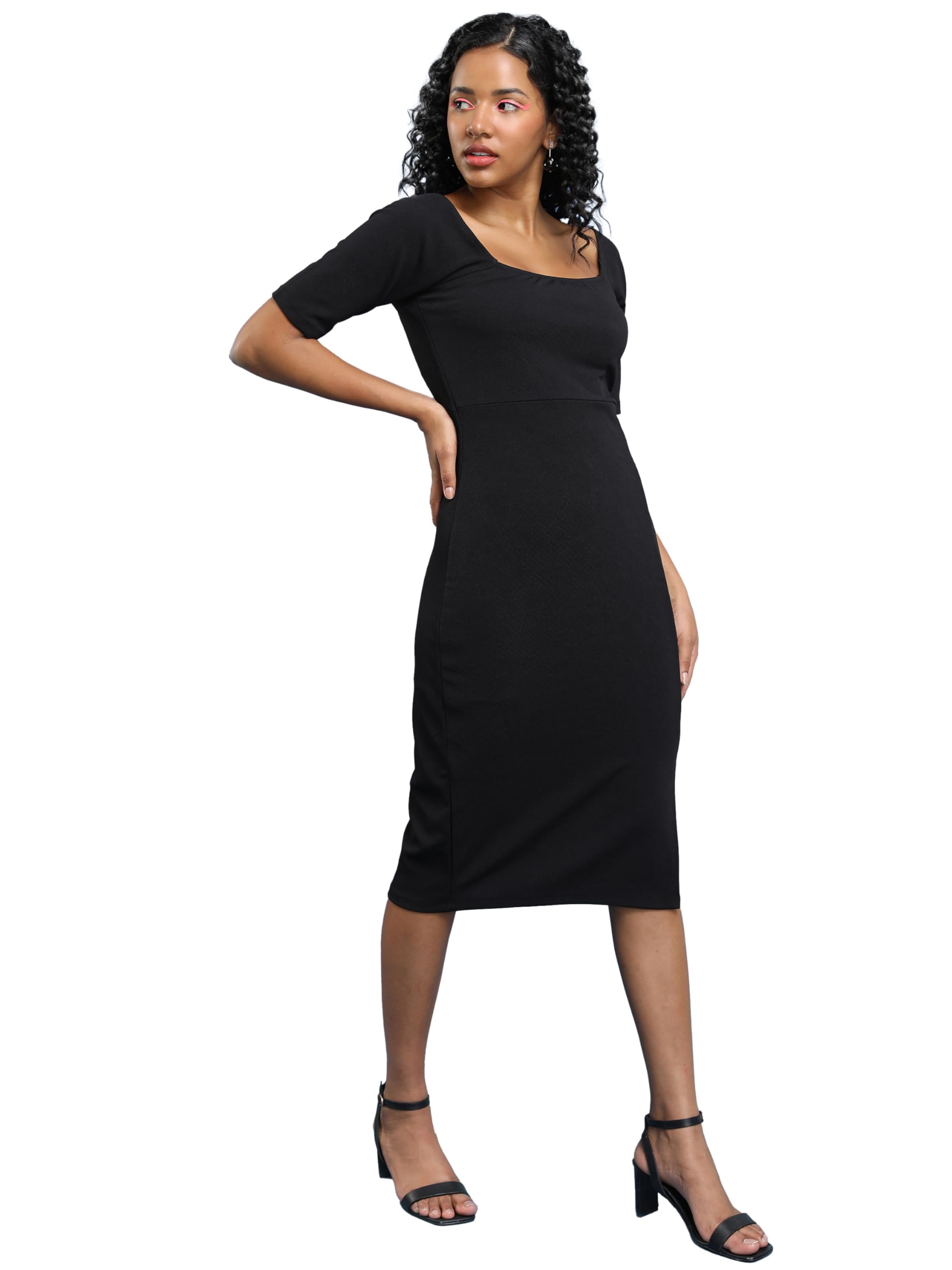 Ketch WomenS Cotton Blend Bodycon Solid Dress Knee-Length Khj6000613_Black