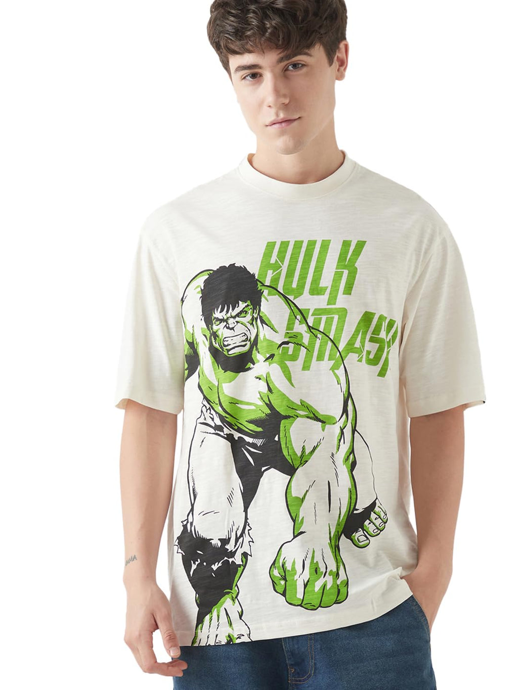 Bewakoof Air 1.0 Official Marvel Merchandise Hulk Mens Graphic Print Oversized Fit Half Sleeve Round Neck Cotton T-Shirt_646662