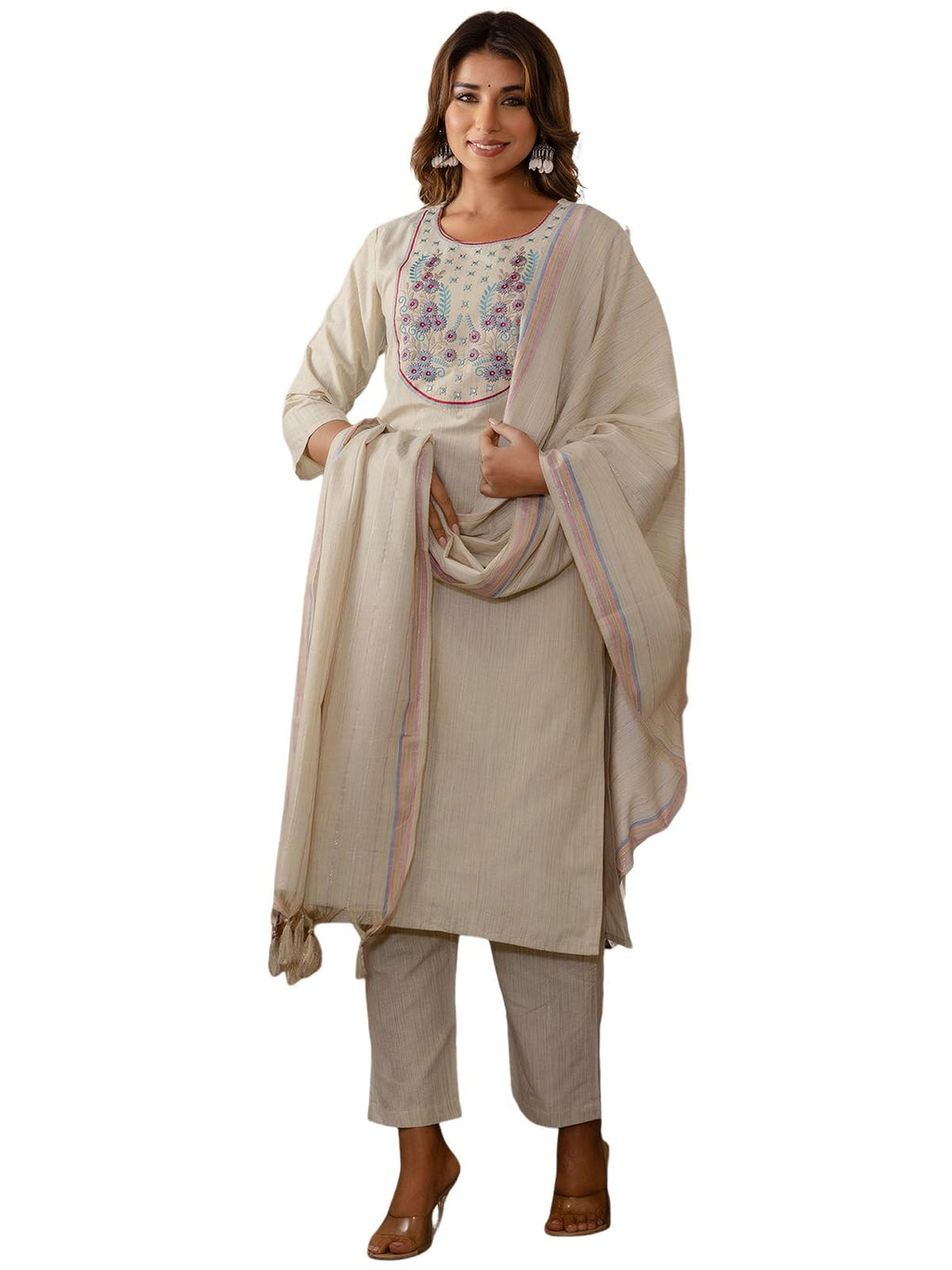 Sanisa Women'S Cotton Blend Weaving & Embroidery Straight Kurta With Pant And Dupatta Set (234Kbd2473N-S_Beige2)