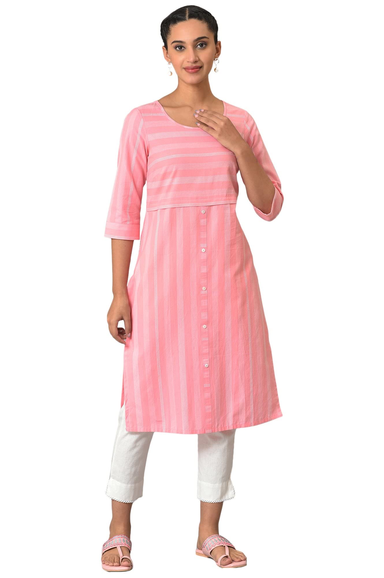 Pink Printed Round Neck Kurta