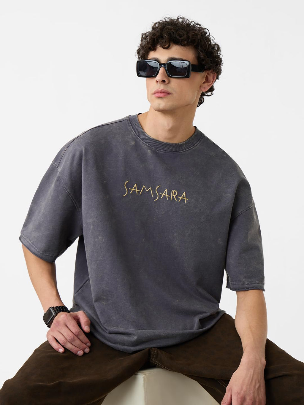 The Souled Store Samsara Men and Boys Short Sleeves Round Neck Grey Graphic Printed Cotton Super Oversized T-Shirts