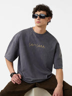 The Souled Store Samsara Men and Boys Short Sleeves Round Neck Grey Graphic Printed Cotton Super Oversized T-Shirts